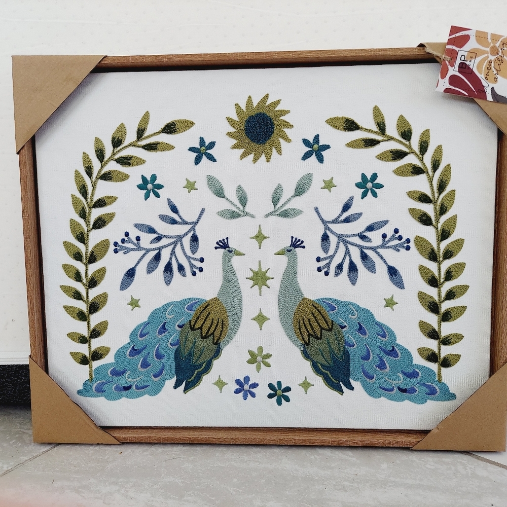 NIP BP Home 17" X 20" Textile Wall Art Blue Peacocks.